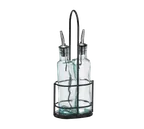 image of TableCraft H918NBK Oil & Vinegar Cruet Set – 8-1/2oz Green Glass Bottles, Black Metal Rack - 2/Set