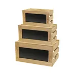 image of TableCraft RCBCRATE1 Rustic Brown Wood 3-Piece Nesting Risers Set, 15"x10"x7.8" – 19.3"x13.5"x10.5", Chalkboard