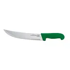 image of Omcan USA 12215 Steak Knife – 10" Curved Stainless Steel Blade, Green PP Handle, Stamped