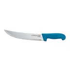 image of Omcan USA 12268 Steak Knife – 12" Curved Stainless Steel Blade, Blue Poly Handle, Stamped Design