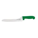 image of Omcan USA 12437 Slicing Knife – 9" Off‑Set Blade, Wave Edge, Green Polypropylene Handle