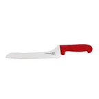 image of Omcan USA 12440 Slicing Knife - 9" Off-Set Blade, Wave Edge, Stamped Style, Red Polypropylene Handle