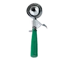 image of Omcan USA 34843 Ice Cream Scoop, 2‑2/3 oz, Thumb‑Press #12 Disher, Steel, Green Plastic Handle
