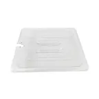 image of Omcan USA 80026 1/2-Size Clear PC Pan Cover, Handled Spoon‑Notched Slotted Lid, 12‑4/5"×10‑7/16"