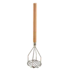 image of Omcan USA 80399 Potato Masher – Round 5" Nickel Plated Bowl, 24-1/2" Chrome Wood Handle, 24" Length