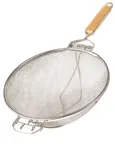image of Omcan USA 81002 Mesh Strainer – 10-1/2" Double Mesh Stainless Steel with Flat Wood Handle – 10" Bowl