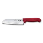 image of Victorinox 5.2521.17B Santoku Knife, 7" Granton Blade, Stamped, Red Fibrox Handle, Hollow Edge