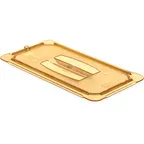 image of Carlisle 10470U13 StorPlus Hi‑Heat Lid, 1/3‑Size Handled Amber Polyethersulfone, Non‑Slip