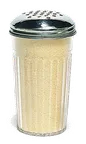 image of Carlisle 331907 Cheese Shaker, 12‑oz., 3" Dia. x 5-1/2" H, Clear, Metal Lid, Stainless Steel Perforated Top