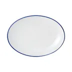 image of Mikasa 5256521 Bistro Entree Plate, Oval Coupe Rim, 16"L x 11-3/5"W, Porcelain, White with Blue Band