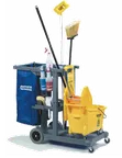 image of Carlisle JC1945S23 Platform Janitorial Cart with 3 Shelves, 17"L Bucket Platform, 23-Gal Waste Container, 25-Gal Nylon Bag, 3" Non-Marking Casters, 8" Rear Wheels, Polyethylene, Gray