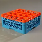 image of Carlisle RG16-3C412 OptiClean Dishwasher Glass Rack, 16-Compartment (4-7/16"), Orange/Blue, Handles, NSF