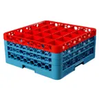 image of Carlisle RG25-3C410 OptiClean™ Full‑Size Dishwasher Glass Rack, 25 Compartments (3½" x 3½"), Red/Blue Polypropylene, Double‑Wall, Quick‑Drain, NSF Certified