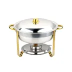 image of CAC China CAFR-203 Luminous Chafing Dish, 4 qt., Round, Stainless Steel, Gold Accent Handles, Set