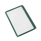 image of CAC China MCP1-58GN Menu Cover, 1-Pocket Vinyl, 8-1/2" x 5-1/2" Clear View, Brass Corners, Green Trim