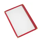 image of CAC China MCP1-58RD Menu Cover, 1-Pocket Booklet, 8-1/2" x 5-1/2" Clear View, Brass Corners, Red Trim