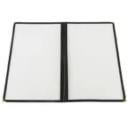 image of CAC China MCP2-914BK Menu Cover, 2-Pocket, 8-1/2" x 14", Clear View, Brass Corners, Black Trim