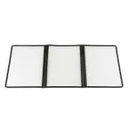 image of CAC China MCP3-911BK Menu Cover - 3-Pocket Vinyl, 8-1/2" x 14", Double-Sided View, Trim, Brass Corners