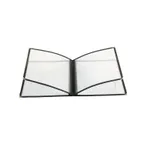 image of CAC China MCP4-911BK Menu Cover - 4-Pocket Vinyl, 8½" x 11", Black Trim, Brass Corners, Clear View