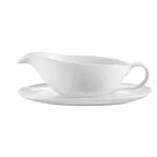 image of CAC China SBT-20 - 20 oz Porcelain Sauce Boat 9"¼×7" with Handle and Saucer 9"¼×4¾"×⅞", Safe - Set