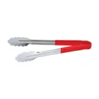 image of CAC China STCH-12RD Utility Tongs, 12" Heavy-Duty Stainless Steel, Red Handle