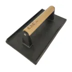 image of CAC China SWCI-20 Steak Weight 2 lbs 8.25" x 4.25" Textured Bottom Wooden Handle Cast Iron