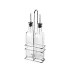 image of CAC China W2SQ-8S Oil & Vinegar Cruet Set, 8 Oz Glass Bottles with Steel Pourers, Chrome Rack - Set