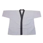 image of Korin UC-112-M Chef Coat – Medium Blue Pinstripe Poly/Cotton 48-4/5" x 28-7/10" x 23-1/5"