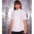 image of Chef Works BCWSZ006-WHT-XL Women's Short‑Sleeve Chef Coat, XL, White Twill, 2‑Way Zipper