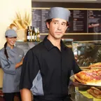 image of Chef Works CSMC-BLM-M Men's Cook Shirt, Medium, Black/Gray, Poly/Cotton, Short Sleeve, Vent Panels