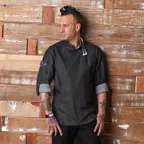 image of Chef Works EXDZ001-BLK-M Gramercy Chef Coat, M Black 100% Cotton, Long Sleeves, Zipper, Apron Snap