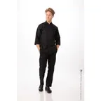 image of Chef Works JLCL-BLK-5XL - Morocco Double‑Breasted Chef Coat, 5XL Black, 65/35 Poly‑Cotton Twill, 3/4 Sleeve, Cloth‑Covered Buttons, Chest Patch & Thermometer Pockets
