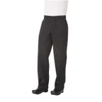 image of Chef Works PINB-000-XS Pants, XSmall Black with White Pin Stripes, Poly/Cotton, Baggy Waistband