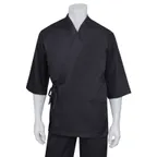 image of Chef Works SUBK-BLK-2X3 Black Sushi Coat, 2XL/3XL Cotton Twill, 3/4 Sleeve, Hip Pocket, Waist Ties