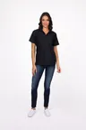 image of Chef Works Z650W-BLK-XL Women's Short‑Sleeve Black Polo Cook Shirt, XL, 100% Polyester, Button Front