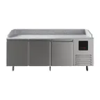image of QualServ UCPP488-SS61A 88" 3-Section Refrigerated Pizza Prep Table w/ 3 Doors, 22 cu. ft.
