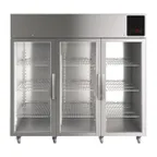 image of QualServ UCRE585-SG71A 85" Three Section Reach-In Refrigerator w/ 3 Glass Doors, Top Mount, Stainless Steel 74 cu. ft.