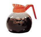 image of Curtis 70280200406 Coffee Decanter, 64 oz Glass, Orange Plastic Handle with Imprint, Decaf Only Logo