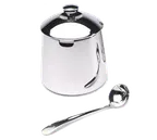 image of Frieling 0106 Sugar Bowl – 10 oz, 4" H, Mirror‑Finish 18/10 Stainless Steel with Lid and 5" Spoon