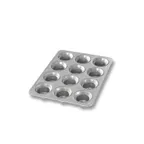 image of Chicago Metallic Bakeware 42754 Mini Crown Muffin Pan, 10"5/8 x 13"7/8 overall, 12 cup 2-3/4" muffins, 3 oz each, 26‑gauge aluminized steel, AMERICOAT® ePlus silicone glaze, non‑PFAS, Made in USA