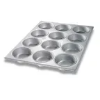 image of Chicago Metallic Bakeware 44215 Mini-Cake Pan - 15.5" x 20.5", 12 Cakes 4.25" Dia, 10.5 oz, 26‑Gauge Aluminized Steel, AMERICOAT® ePlus Silicone Glaze, Non‑PFAS, USA
