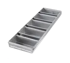 image of Chicago Metallic 44575 5‑Pan Loaf Set, 8‑5/32”×25‑3/4”×2‑1/4”, 7‑3/8” Strapped Pans, Steel -5/Set