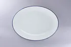 image of RAK Porcelain ONOP36CD25145 Coupe Platter, 14.1" L x 10.67" W, White Blue Rim, Porcelain Coupe Rim