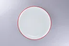 image of RAK Porcelain ONPR27CD25146 Flat Coupe Plate, 10.65" Dia x 1.05" H, White Porcelain Red Rim, 12/Case