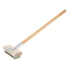 image of AllPoints 1421436 Grill Brush, 27" Handle, 2-5/8" x 7-5/8" Block, 1-1/8" Steel Bristles with Scraper