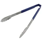 image of AllPoints 85388 Utility Tongs - 12" Scalloped Paddle, Stainless Steel, Blue Coated Handle