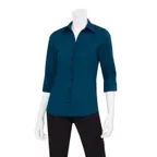 image of Chef Works WA34-BLU-M Women's Finesse 3/4 Sleeve Shirt, Medium, Blue, Poly/Cotton/Elastane