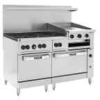 image of Vulcan 60SS-6B24GBN 60" Natural Gas Restaurant Range w/ (6) Open Burners, 24" Raised Griddle/Broiler Right, (2) Standard Ovens, 268.000 BTU
