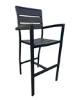 image of AAA Furniture Wholesale FB-09BS/ARM Outdoor Barstool with Armrest, Walnut Teakwood Slatted Back & Seat, Black Aluminum Frame