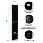 image of Alpine Industries ADI629-201-BLK Black Large Locker w/ 1 Door, 2 Shelves and 2 Hooks - 72" H x 15"W